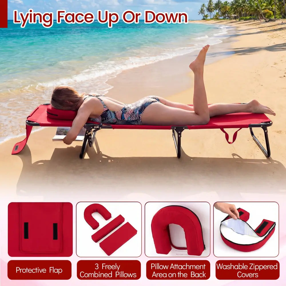 Set of 2 Folding Face Down Tanning Chair with Face Hole 3 Removable Pillows-Red - Red - Outdoor Chaise Lounges