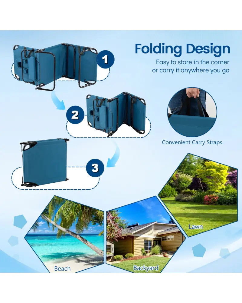 Set of 2 Folding Face Down Tanning Chair with Face Hole 3 Removable Pillows-Blue - Blue - Outdoor Chaise Lounges