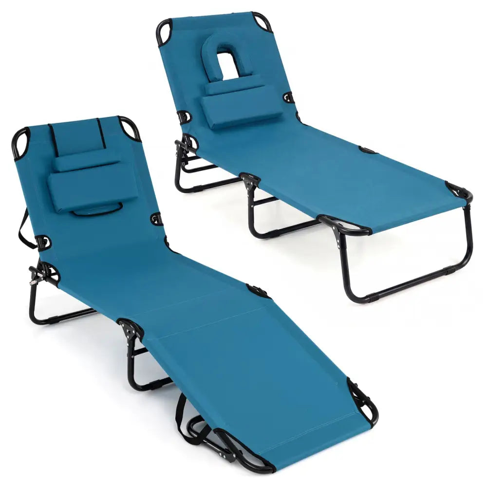 Set of 2 Folding Face Down Tanning Chair with Face Hole 3 Removable Pillows-Blue - Blue - Beach & Lawn Chairs