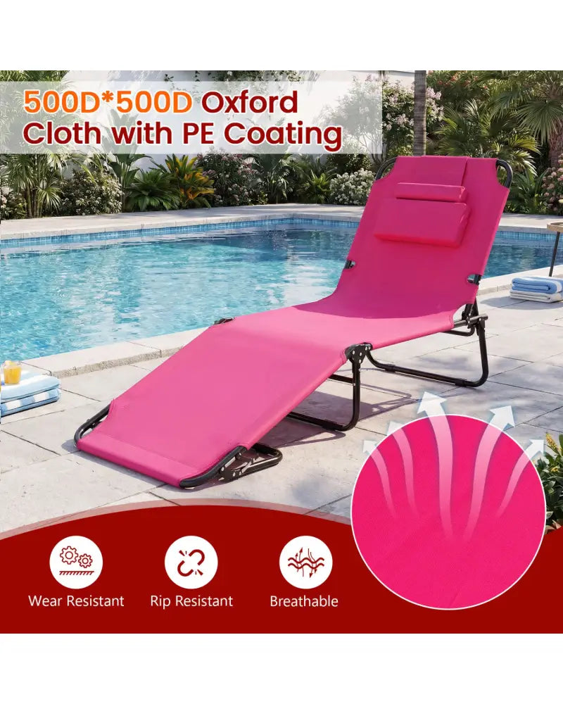 Set of 2 Folding Face Down Tanning Chair with Face Hole 3 Removable Pillows-Pink - Pink - Outdoor Chaise Lounges