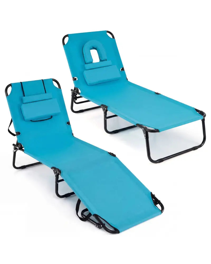 Set of 2 Folding Face Down Tanning Chair with Face Hole 3 Removable Pillows-Navy - Navy - Outdoor Chaise Lounges