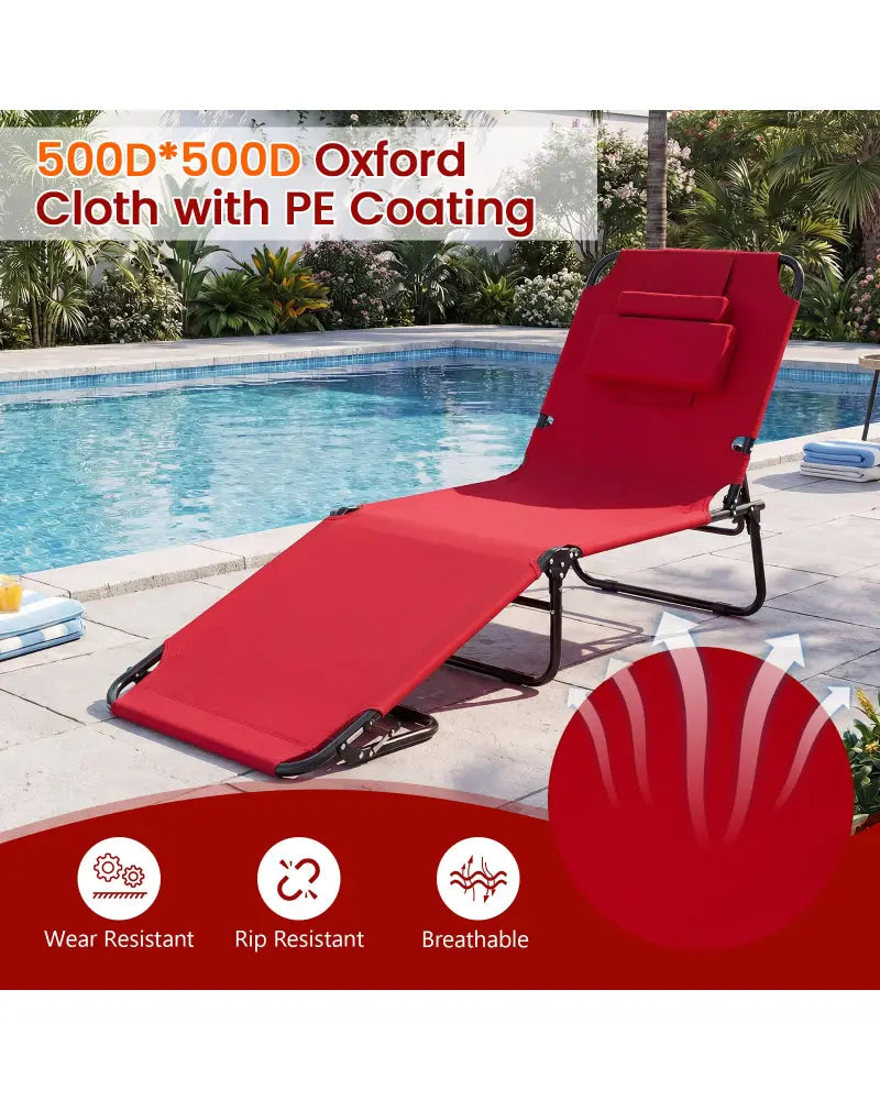 Set of 2 Folding Face Down Tanning Chair with Face Hole 3 Removable Pillows-Red - Red - Outdoor Chaise Lounges