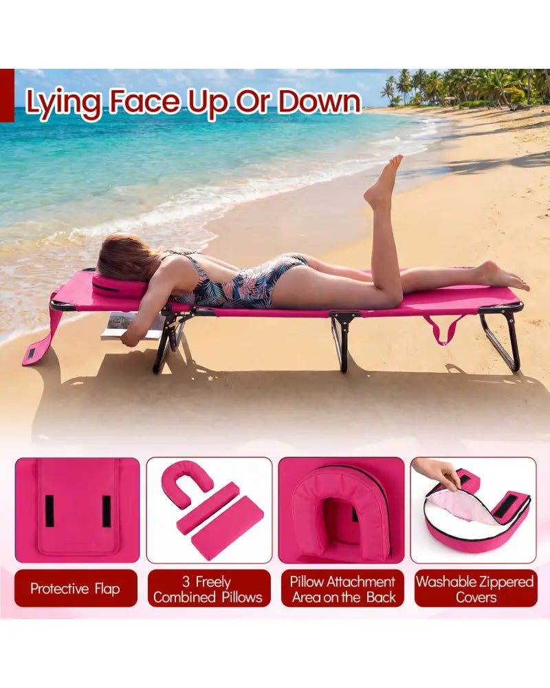 Set of 2 Folding Face Down Tanning Chair with Face Hole 3 Removable Pillows-Pink - Pink - Outdoor Chaise Lounges
