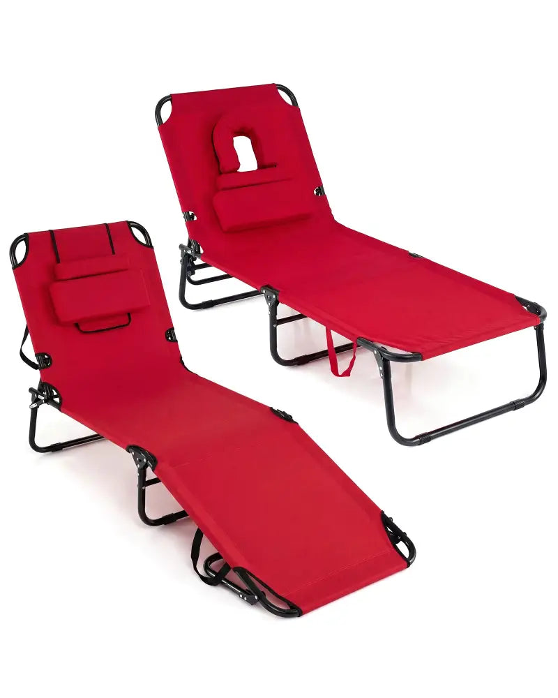 Set of 2 Folding Face Down Tanning Chair with Face Hole 3 Removable Pillows-Red - Red - Outdoor Chaise Lounges