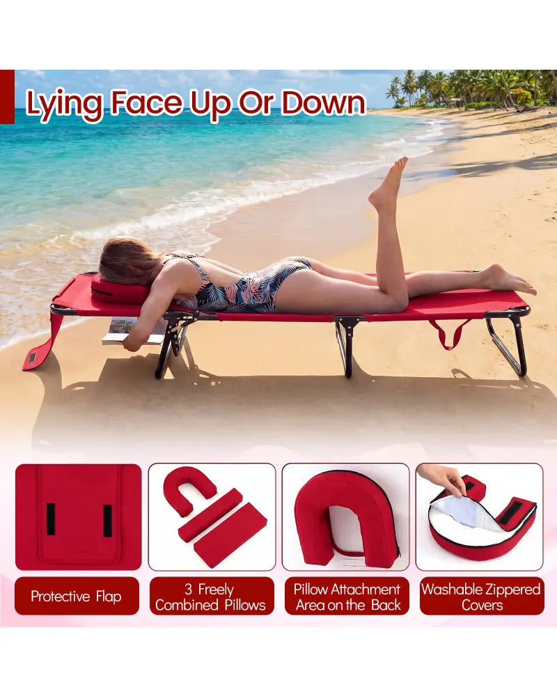Set of 2 Folding Face Down Tanning Chair with Face Hole 3 Removable Pillows-Red - Red - Outdoor Chaise Lounges