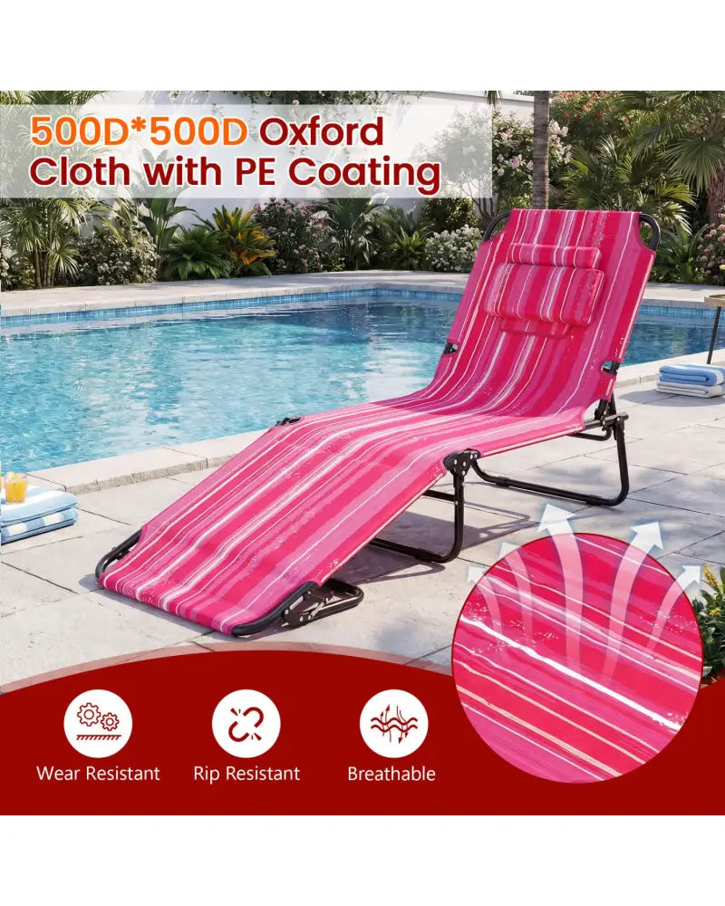 Set of 2 Folding Face Down Tanning Chair with Face Hole 3 Removable Pillows-Pink Stripe - Pink Stripe - Outdoor Chaise