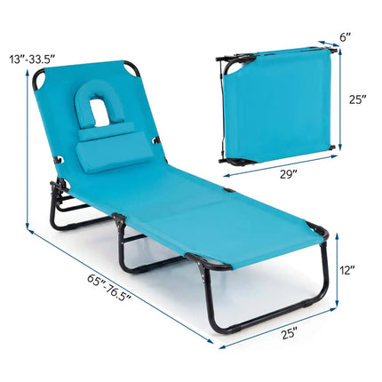 Set of 2 Folding Face Down Tanning Chair with Face Hole 3 Removable Pillows-Navy - Navy - Beach & Lawn Chairs