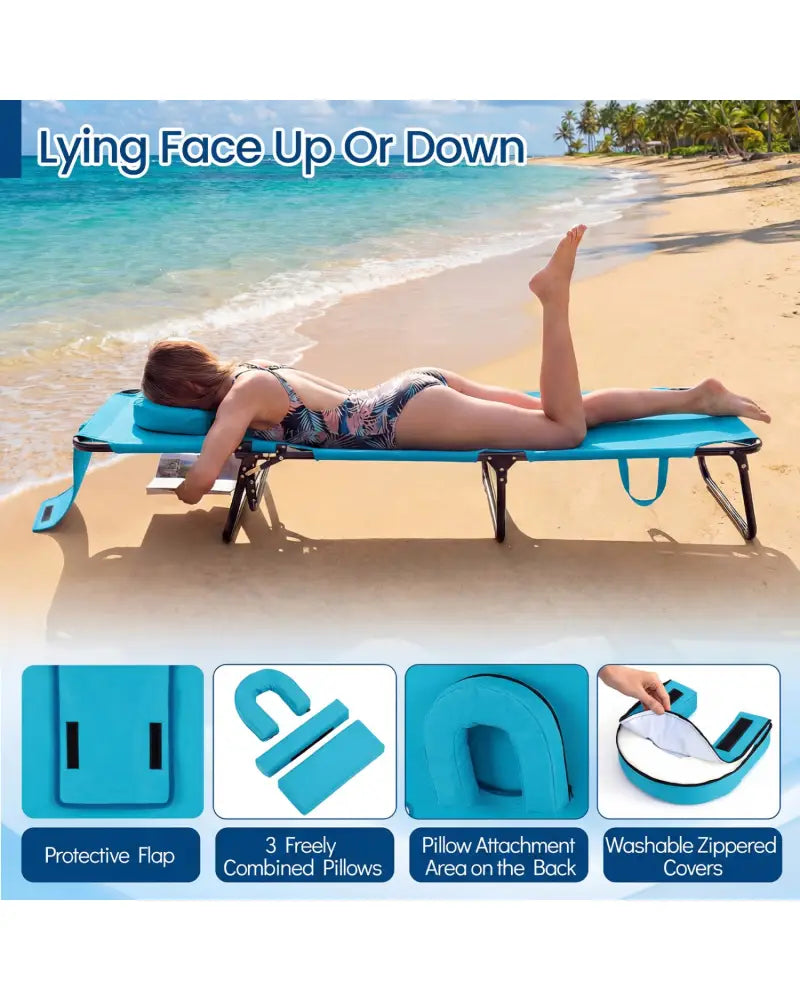 Set of 2 Folding Face Down Tanning Chair with Face Hole 3 Removable Pillows-Navy - Navy - Outdoor Chaise Lounges
