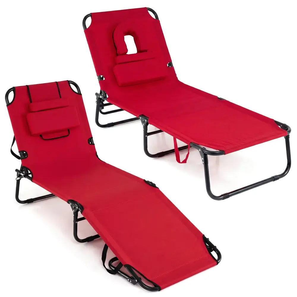 Set of 2 Folding Face Down Tanning Chair with Face Hole 3 Removable Pillows-Red - Red - Outdoor Chaise Lounges