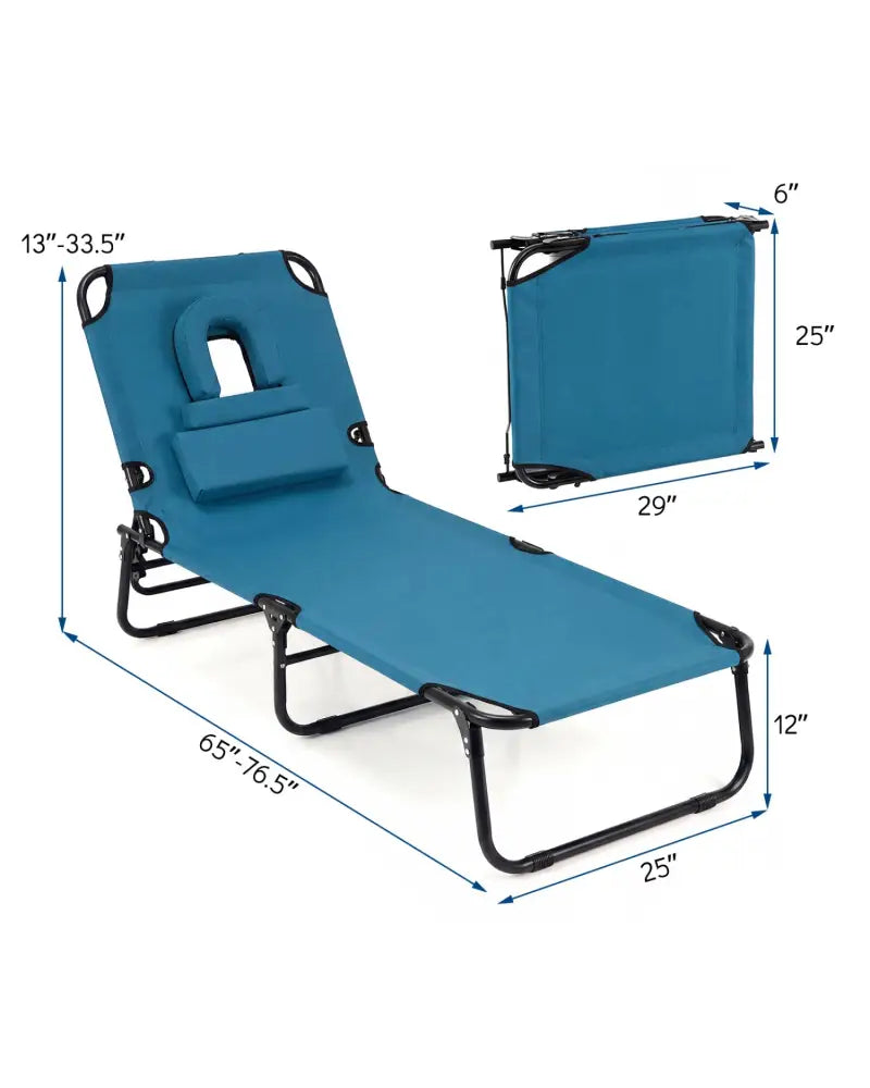 Set of 2 Folding Face Down Tanning Chair with Face Hole 3 Removable Pillows-Blue - Blue - Outdoor Chaise Lounges