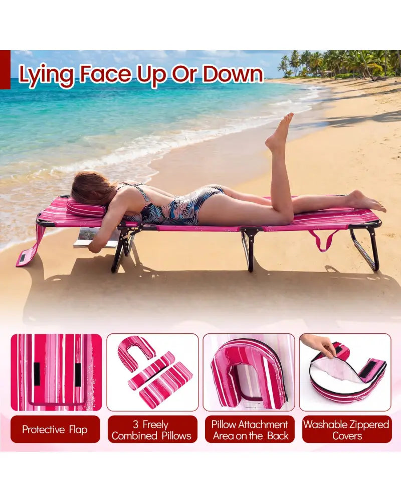 Set of 2 Folding Face Down Tanning Chair with Face Hole 3 Removable Pillows-Pink Stripe - Pink Stripe - Outdoor Chaise