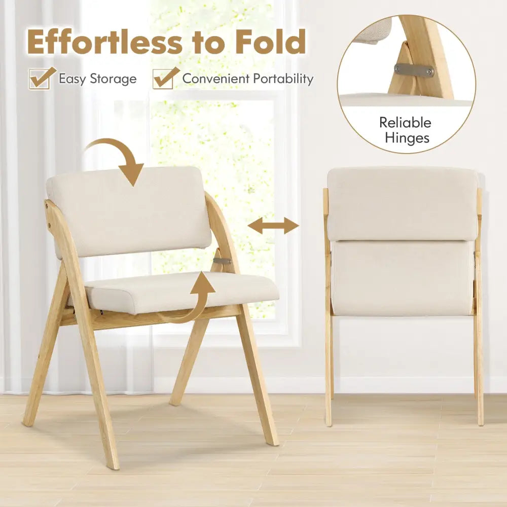 Set of 2 Folding Kitchen Dining Chairs with Rubber Wood Legs-Natural - Natural - Dining Chairs