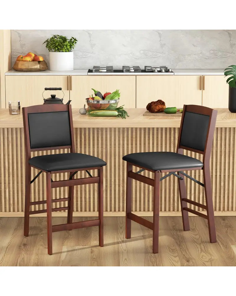 Set of 2 Folding Kitchen Island Stool with Rubber Wood Legs-Brown - Brown - Bar Stools