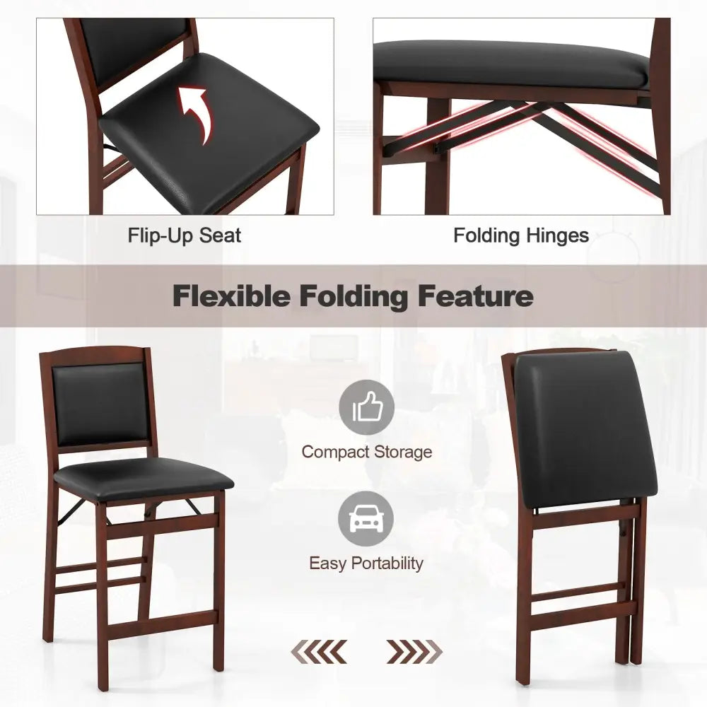 Set of 2 Folding Kitchen Island Stool with Rubber Wood Legs-Brown - Brown - Bar Stools