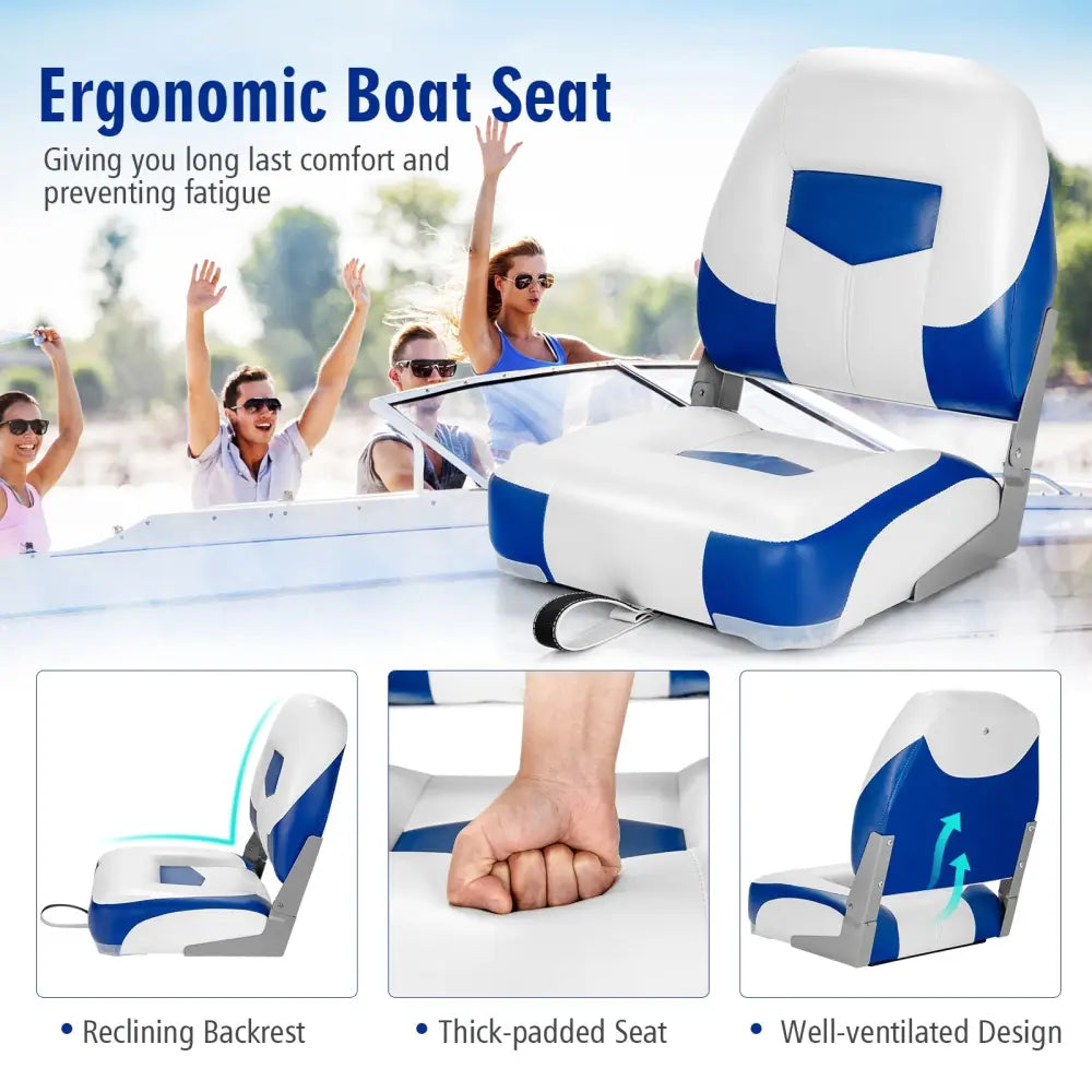 Set of 2 Folding Low Back Fishing Boat Seat with Stainless Steel Screws-Blue - Blue - Swimming