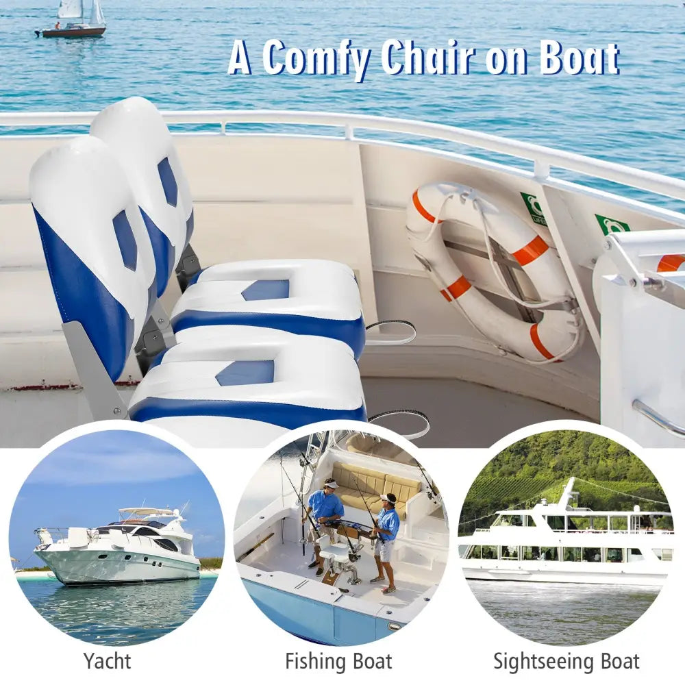 Set of 2 Folding Low Back Fishing Boat Seat with Stainless Steel Screws-Blue - Blue - Swimming