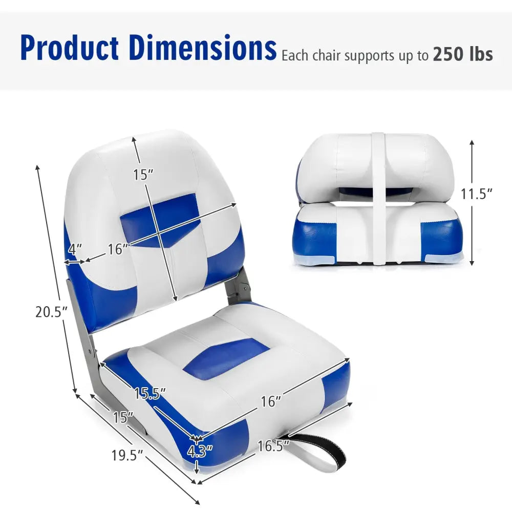 Set of 2 Folding Low Back Fishing Boat Seat with Stainless Steel Screws-Blue - Blue - Swimming