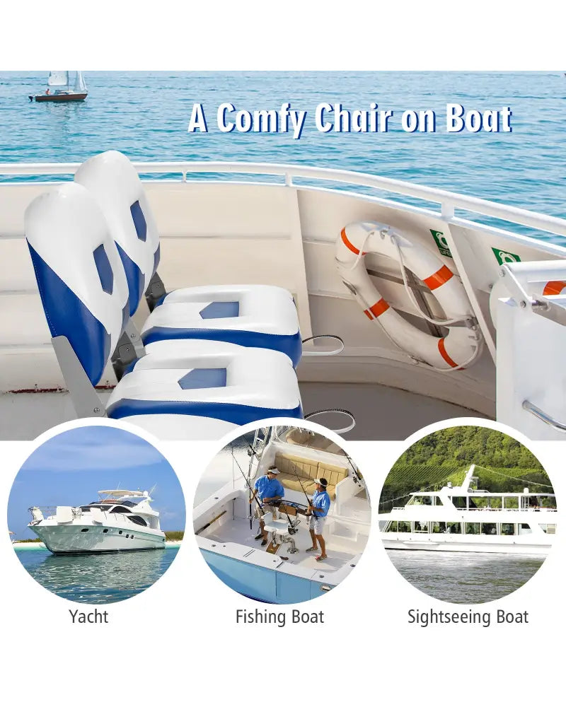 Set of 2 Folding Low Back Fishing Boat Seat with Stainless Steel Screws-Blue - Blue - Swimming