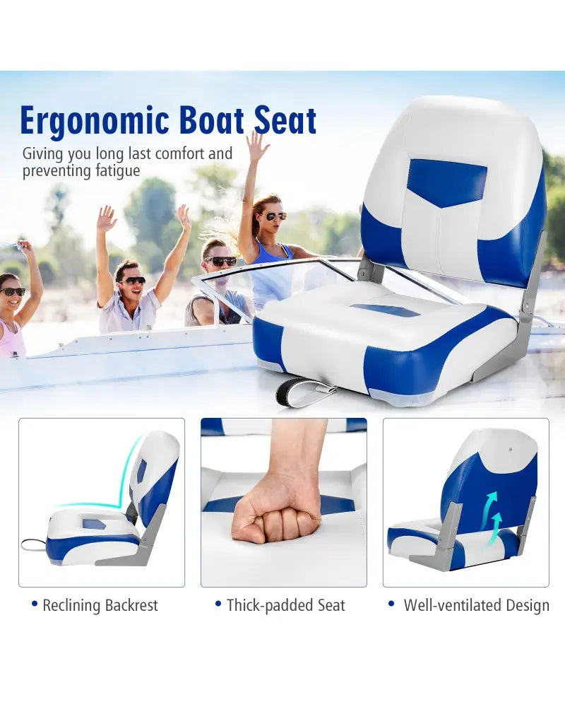 Set of 2 Folding Low Back Fishing Boat Seat with Stainless Steel Screws-Blue - Blue - Swimming