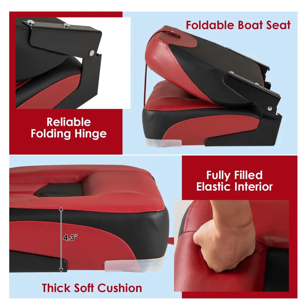 Set of 2 Folding Low Back Fishing Boat Seats with Stainless Steel Screws-Red - Red - Swimming