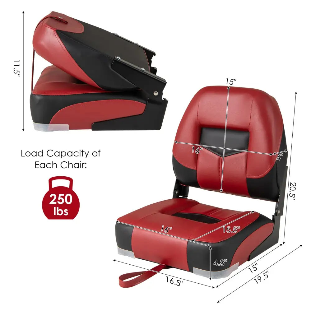 Set of 2 Folding Low Back Fishing Boat Seats with Stainless Steel Screws-Red - Red - Swimming