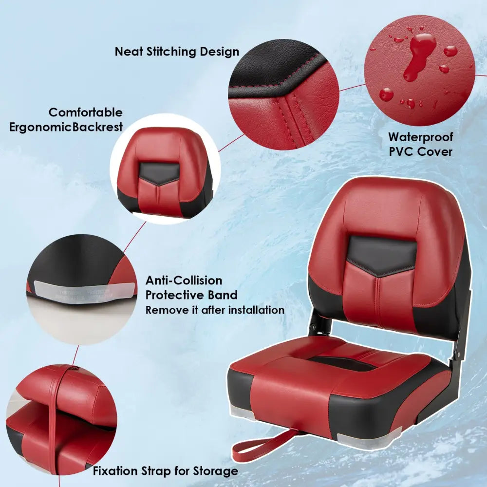 Set of 2 Folding Low Back Fishing Boat Seats with Stainless Steel Screws-Red - Red - Swimming