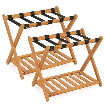 Set of 2 Folding Luggage Racks with 5 Nylon Straps and Slatted Storage Shelf - Natural - Shoe Racks & Storage Benches