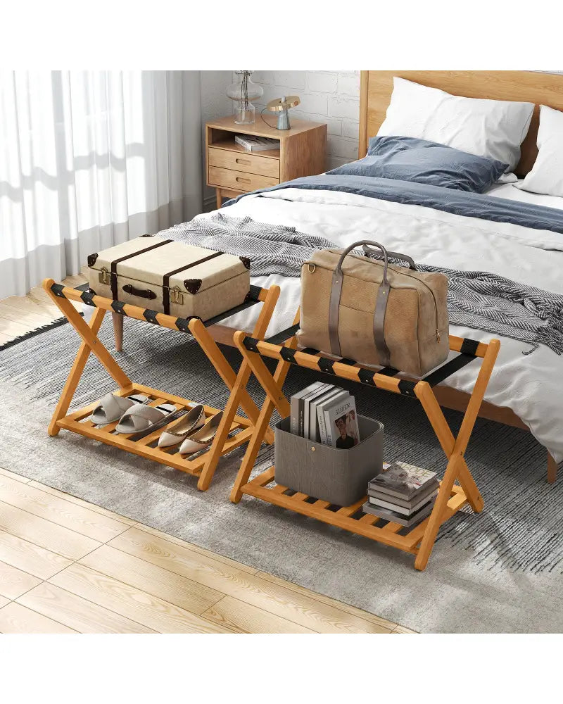 Set of 2 Folding Luggage Racks with 5 Nylon Straps and Slatted Storage Shelf - Natural - Shoe Racks & Storage Benches