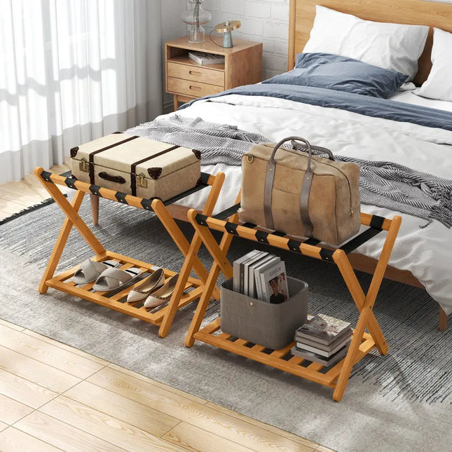 Set of 2 Folding Luggage Racks with 5 Nylon Straps and Slatted Storage Shelf - Natural - Shoe Racks & Storage Benches