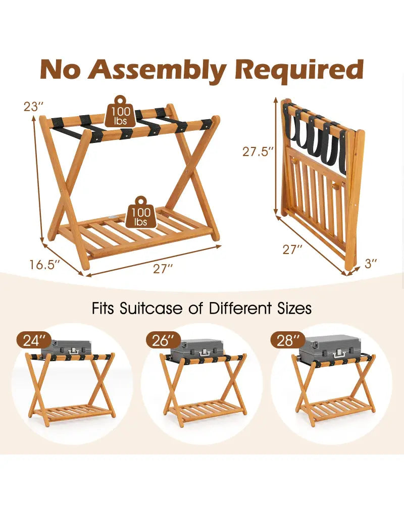 Set of 2 Folding Luggage Racks with 5 Nylon Straps and Slatted Storage Shelf - Natural - Shoe Racks & Storage Benches