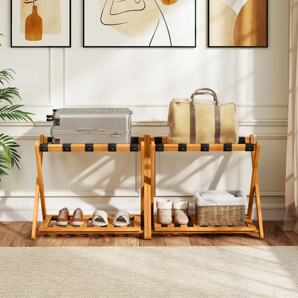 Set of 2 Folding Luggage Racks with 5 Nylon Straps and Slatted Storage Shelf - Natural - Shoe Racks & Storage Benches