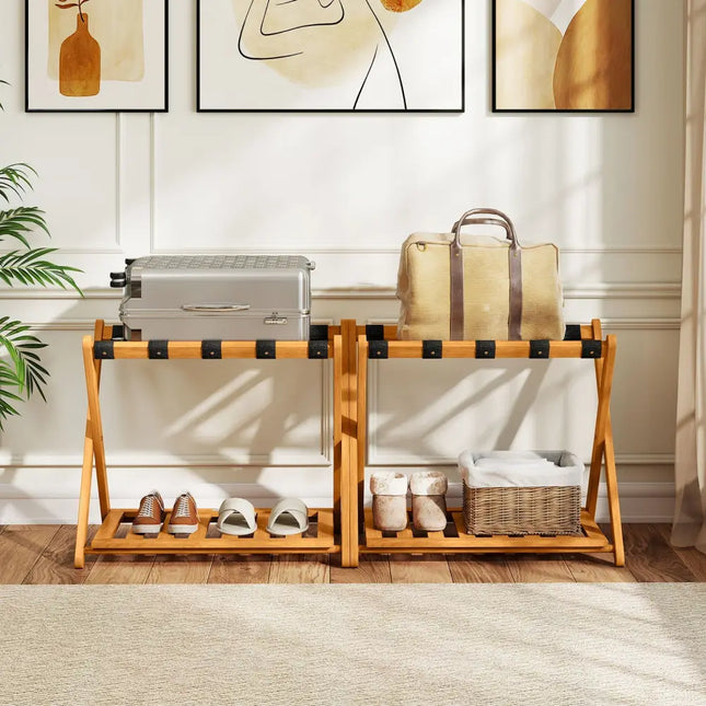 Set of 2 Folding Luggage Racks with 5 Nylon Straps and Slatted Storage Shelf - Natural - Shoe Racks & Storage Benches