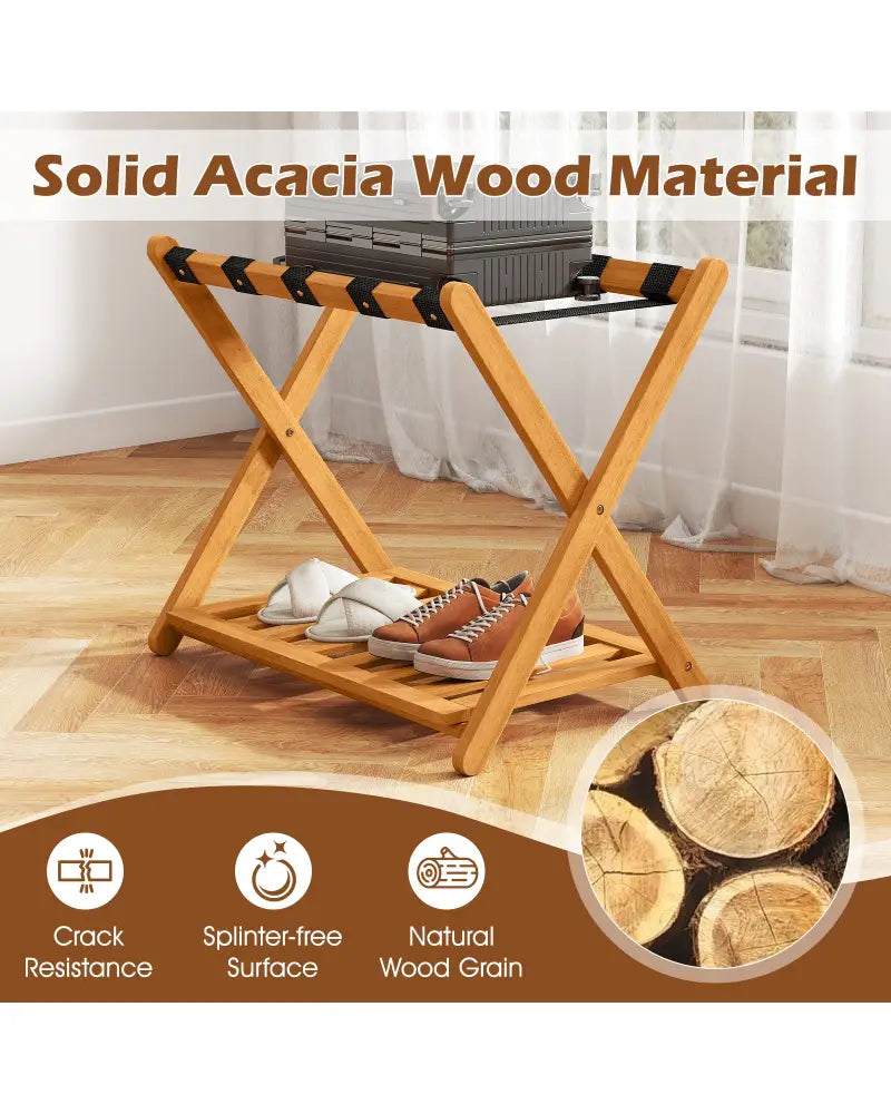 Set of 2 Folding Luggage Racks with 5 Nylon Straps and Slatted Storage Shelf - Natural - Shoe Racks & Storage Benches
