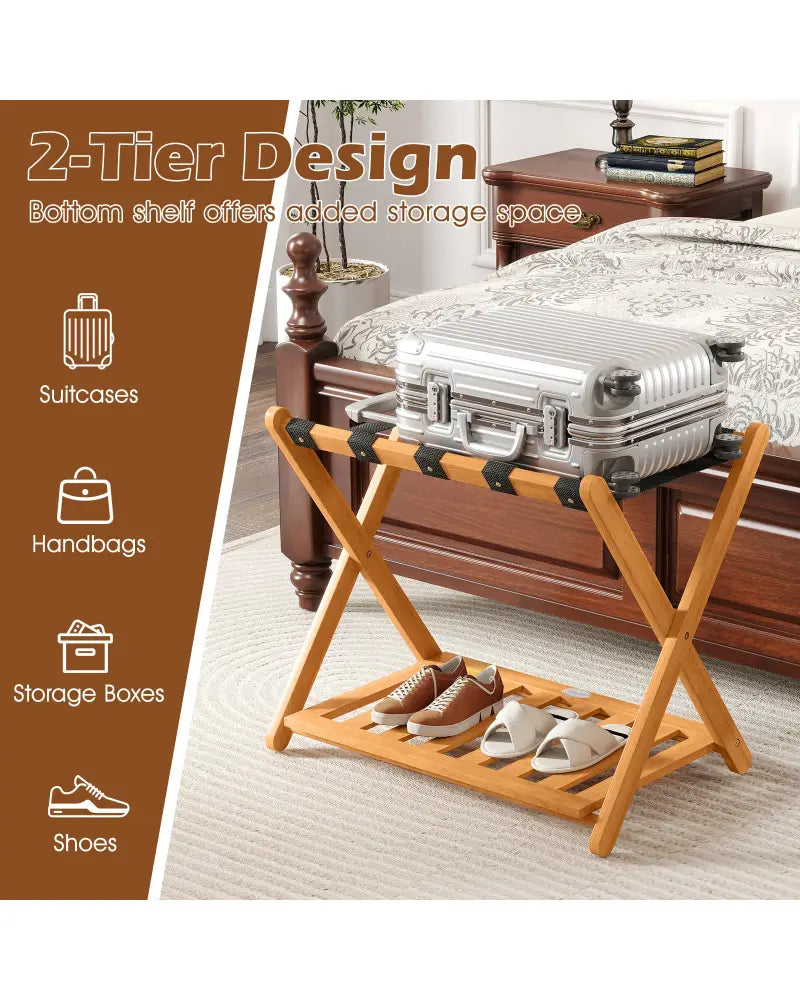 Set of 2 Folding Luggage Racks with 5 Nylon Straps and Slatted Storage Shelf - Natural - Shoe Racks & Storage Benches