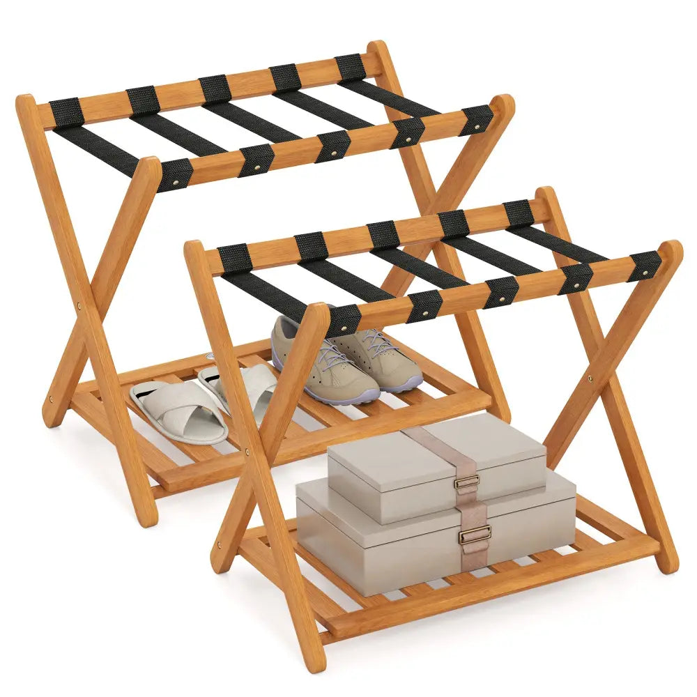 Set of 2 Folding Luggage Racks with 5 Nylon Straps and Slatted Storage Shelf - Natural - Shoe Racks & Storage Benches