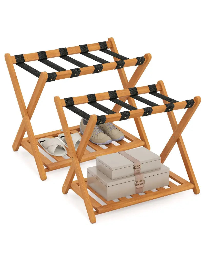 Set of 2 Folding Luggage Racks with 5 Nylon Straps and Slatted Storage Shelf - Natural - Shoe Racks & Storage Benches