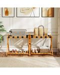 Set of 2 Folding Luggage Racks with 5 Nylon Straps and Slatted Storage Shelf - Natural - Shoe Racks & Storage Benches