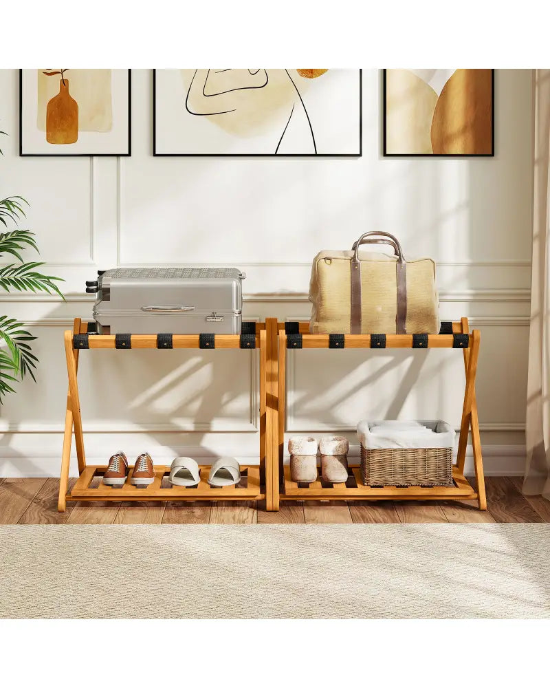 Set of 2 Folding Luggage Racks with 5 Nylon Straps and Slatted Storage Shelf - Natural - Shoe Racks & Storage Benches
