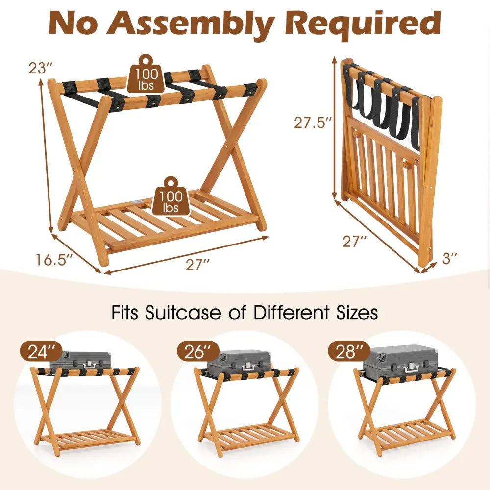 Set of 2 Folding Luggage Racks with 5 Nylon Straps and Slatted Storage Shelf - Natural - Shoe Racks & Storage Benches