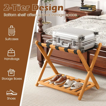 Set of 2 Folding Luggage Racks with 5 Nylon Straps and Slatted Storage Shelf - Natural - Shoe Racks & Storage Benches