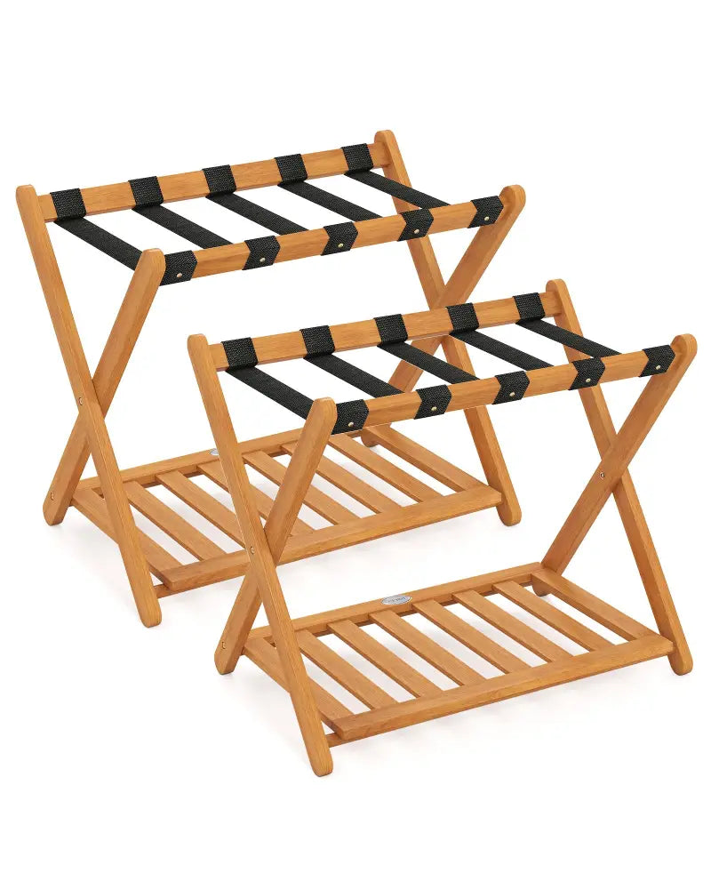 Set of 2 Folding Luggage Racks with 5 Nylon Straps and Slatted Storage Shelf - Natural - Shoe Racks & Storage Benches