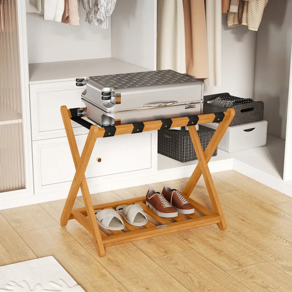 Set of 2 Folding Luggage Racks with 5 Nylon Straps and Slatted Storage Shelf - Natural - Shoe Racks & Storage Benches