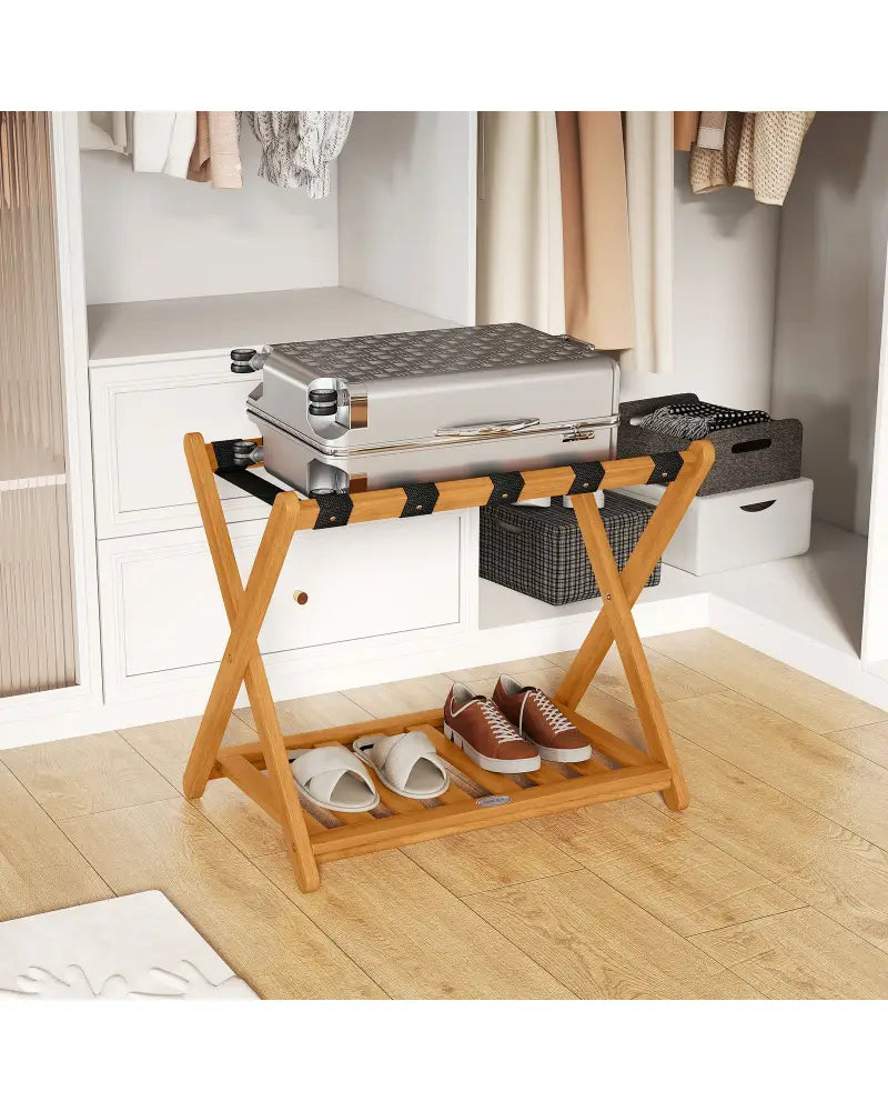 Set of 2 Folding Luggage Racks with 5 Nylon Straps and Slatted Storage Shelf - Natural - Shoe Racks & Storage Benches