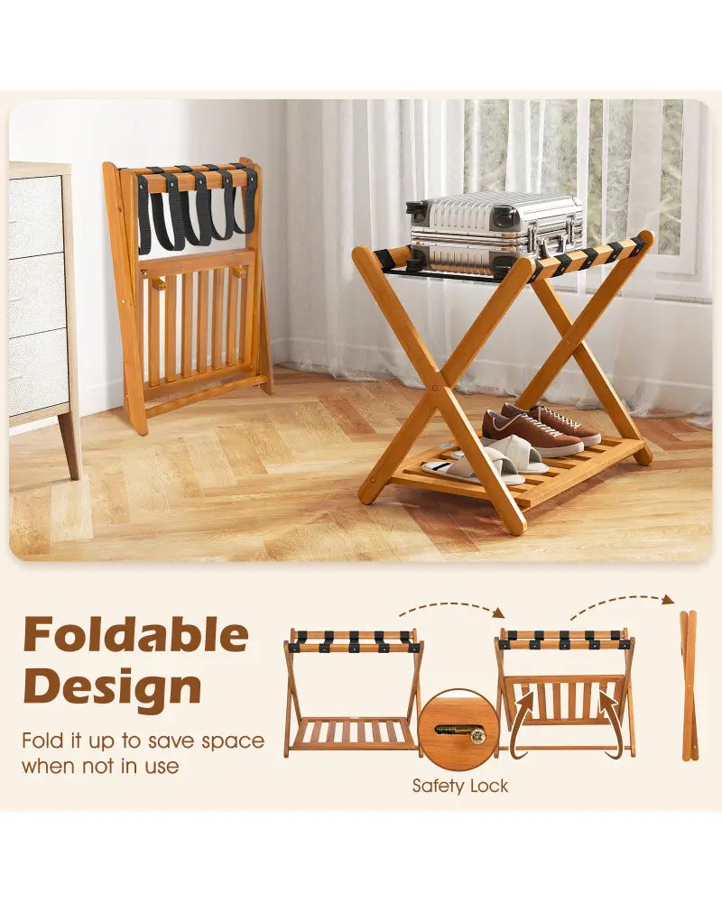Set of 2 Folding Luggage Racks with 5 Nylon Straps and Slatted Storage Shelf - Natural - Shoe Racks & Storage Benches