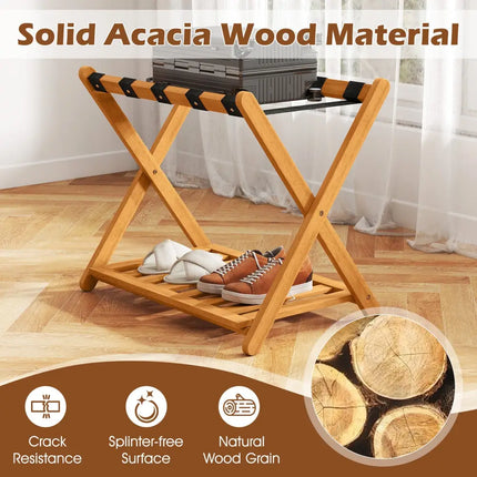 Set of 2 Folding Luggage Racks with 5 Nylon Straps and Slatted Storage Shelf - Natural - Shoe Racks & Storage Benches