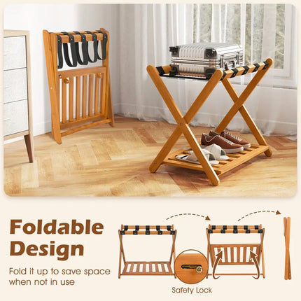 Set of 2 Folding Luggage Racks with 5 Nylon Straps and Slatted Storage Shelf - Natural - Shoe Racks & Storage Benches