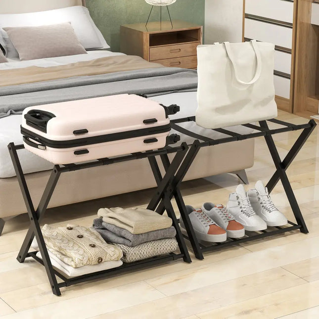 Set of 2 Folding Metal Luggage Rack Suitcase-Black - Black - Shoe Racks & Storage Benches