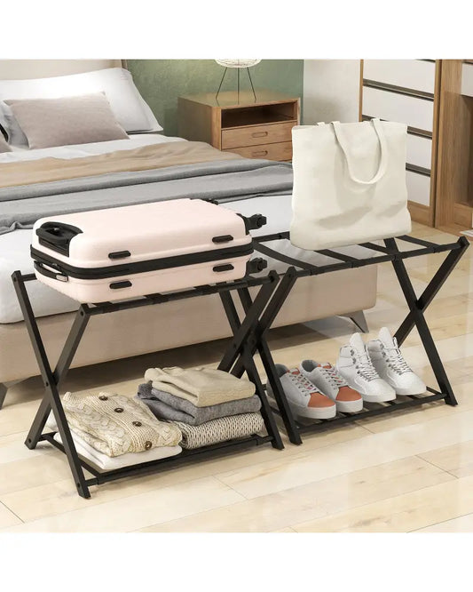 Set of 2 Folding Metal Luggage Rack Suitcase-Black - Black - Shoe Racks & Storage Benches