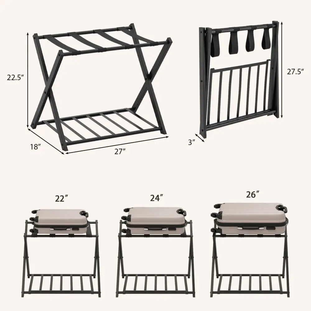 Set of 2 Folding Metal Luggage Rack Suitcase-Black - Black - Shoe Racks & Storage Benches
