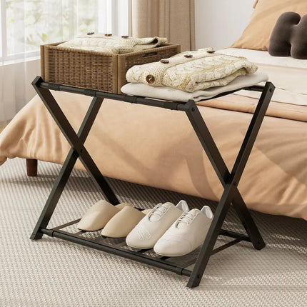Set of 2 Folding Metal Luggage Rack Suitcase-Black - Black - Shoe Racks & Storage Benches